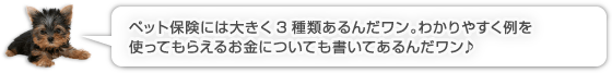 ペット保険には大きく3種類あるんだワン。わかりやすく例を使ってもらえるお金についても書いてあるんだワン♪